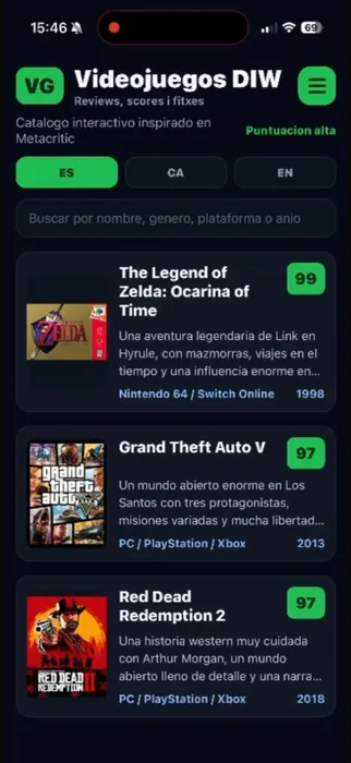 Vista del catálogo de videojuegos